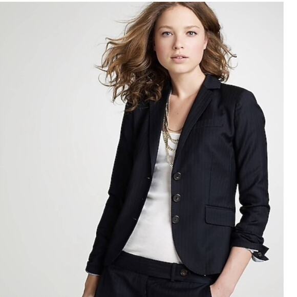 J CREW Classic Dark Navy Blue Gray Pinstripe Tailored Jacket Blazer sz 0 - Picture 1 of 7